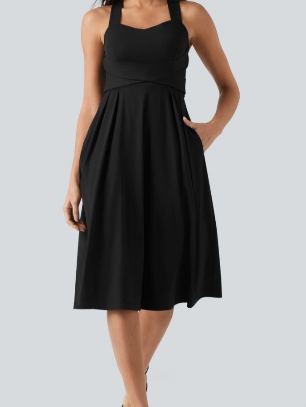 HALARA Black Sleeveless Midi Dress with Wide Straps and Pockets